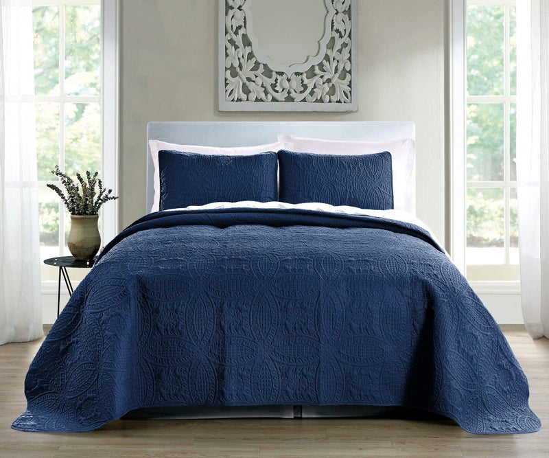 Pure Bedding Quilt Set Full/Queen Size Navy - Oversized Bedspread - Soft Microfiber Lightweight Coverlet for All Season - 3 Piece Includes 1 Quilt and 2 Shams, Geometric Pattern - Image 2